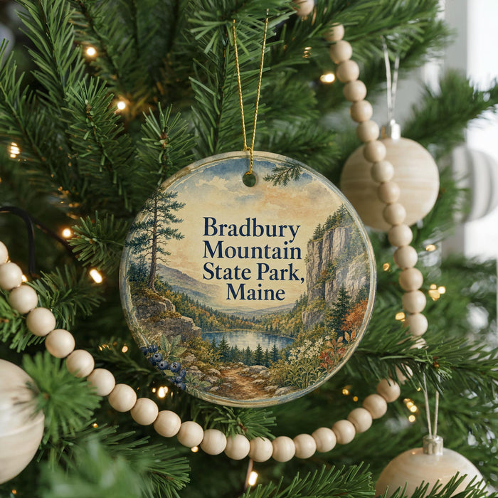 A round ornament hanging on a Christmas tree, featuring a scenic landscape of mountains and a lake.
