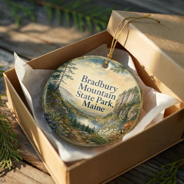 A round ornament in a box, featuring a scenic landscape of mountains and forests, with the text "Bradbury Mountain State Park, Maine" printed on it.