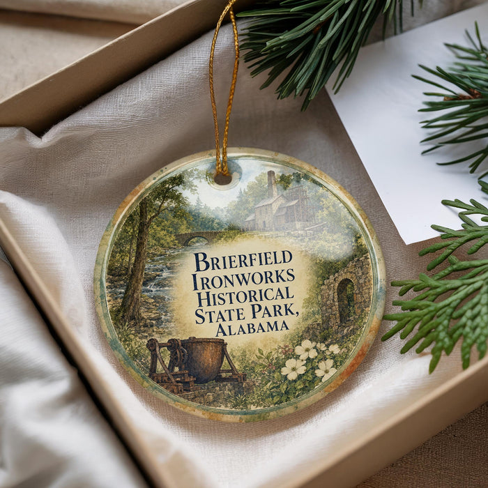 A decorative ornament with a scenic image of ironworks historical park in Alabama, hanging from a string.
