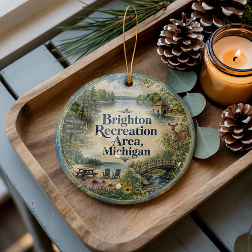 A wooden tray with a decorative ornament featuring a scenic landscape and a deer, along with pine cones and a lit candle.