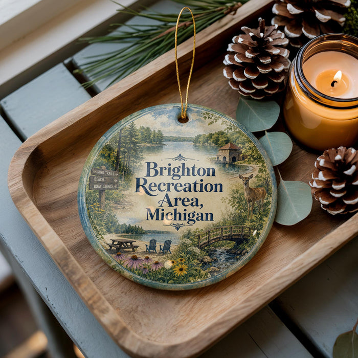 A wooden tray with a decorative ornament featuring a scenic landscape and a deer, along with pine cones and a lit candle.