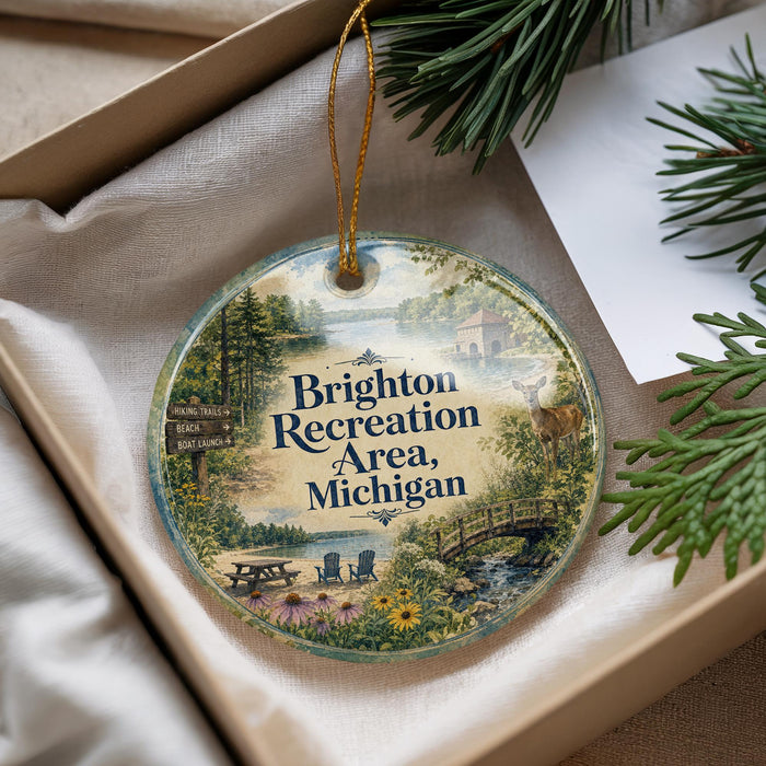 A round ornament with a scenic landscape of Brighton Recreation Area, Michigan, featuring a picnic table, chairs, and a bridge.