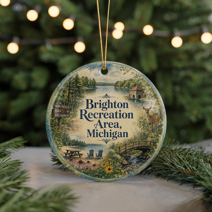 A round ornament with a scenic landscape and text, hanging on a string.