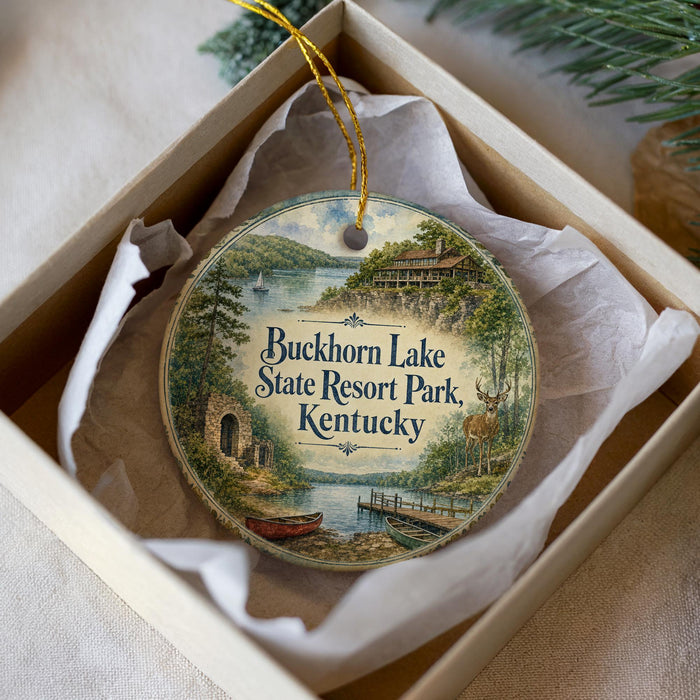 A circular ornament with a scenic image of Buckhorn Lake State Resort Park, Kentucky, hanging from a string.