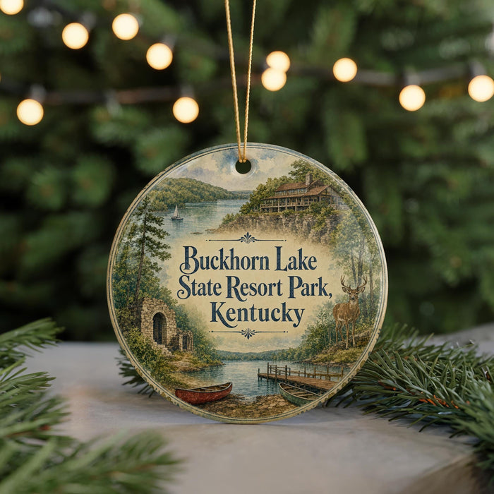 A round ornament with a scenic image of Buckhorn Lake State Resort Park, Kentucky, featuring a lake, a cabin, and boats.