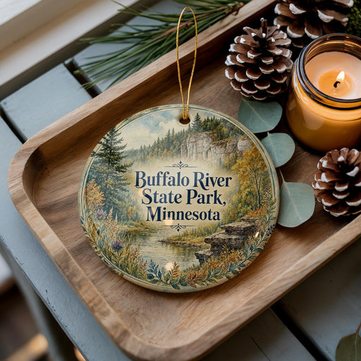 A decorative ornament with a scenic image of Buffalo River State Park in Minnesota, featuring pine cones, a candle, and greenery.