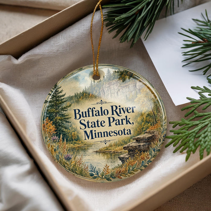 A decorative ornament with a scenic landscape of Buffalo River State Park, Minnesota, featuring pine trees, a river, and mountains.