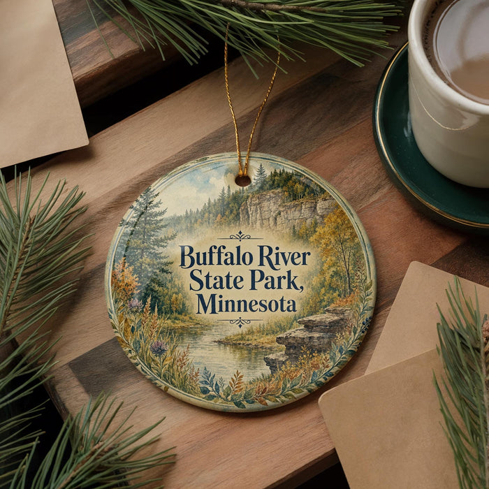 A round ornament with a scenic image of Buffalo River State Park, Minnesota, hangs on a wooden surface.