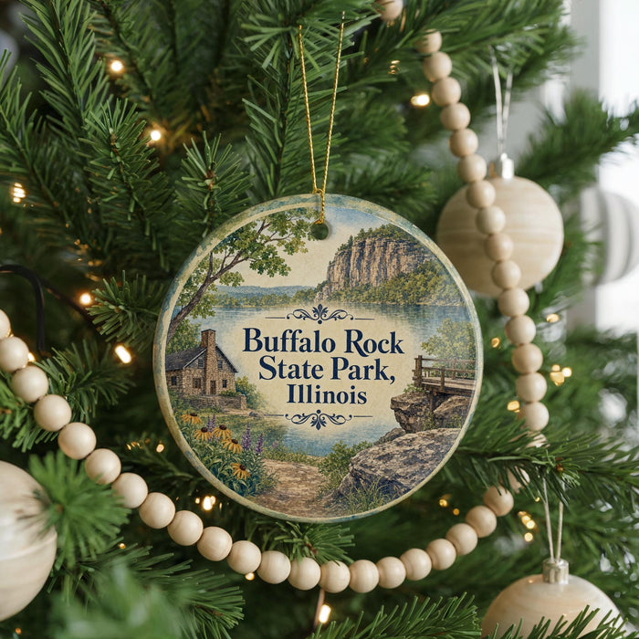A round ornament hanging on a Christmas tree, featuring an illustration of buffalo rock state park in Illinois.