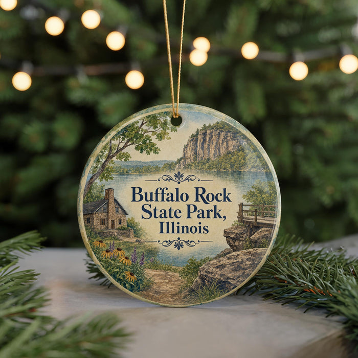 A round ornament featuring a scenic landscape with a house, trees, and a body of water, with the text "Buffalo Rock State Park, Illinois" displayed prominently.