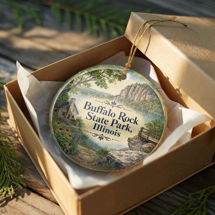 A decorative ornament in a wooden box, featuring a scenic landscape with a house, trees, and a body of water.