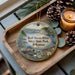 A decorative ornament featuring a scenic image of the Bull Shoals-White River State Park in Arkansas, with a candle and pine cones on a wooden tray.