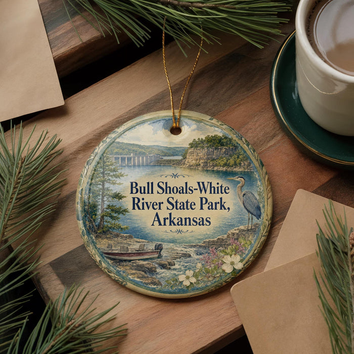 A decorative ornament featuring a scenic image of Bull Shoals-White River State Park, Arkansas, with a bird and a boat in the foreground.
