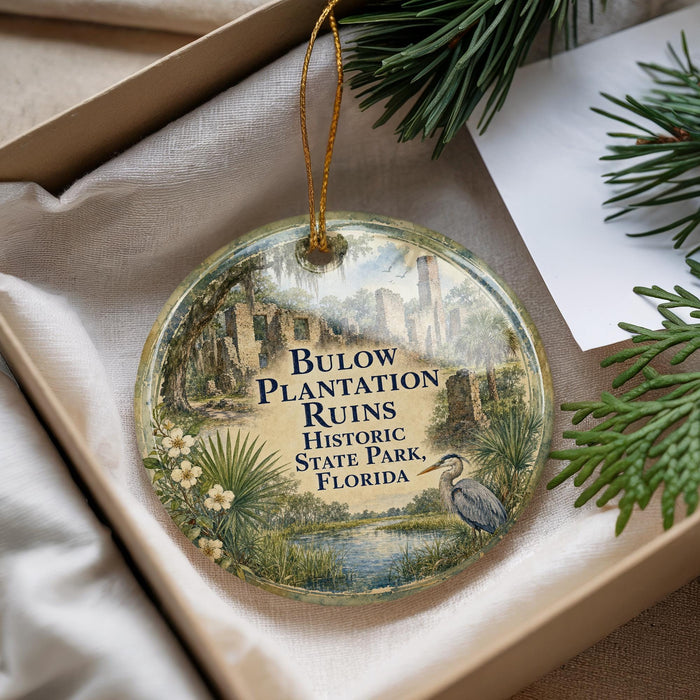 A round ornament with a picture of a bird and text that says "Bulow Plantation Ruins Historic State Park, Florida".