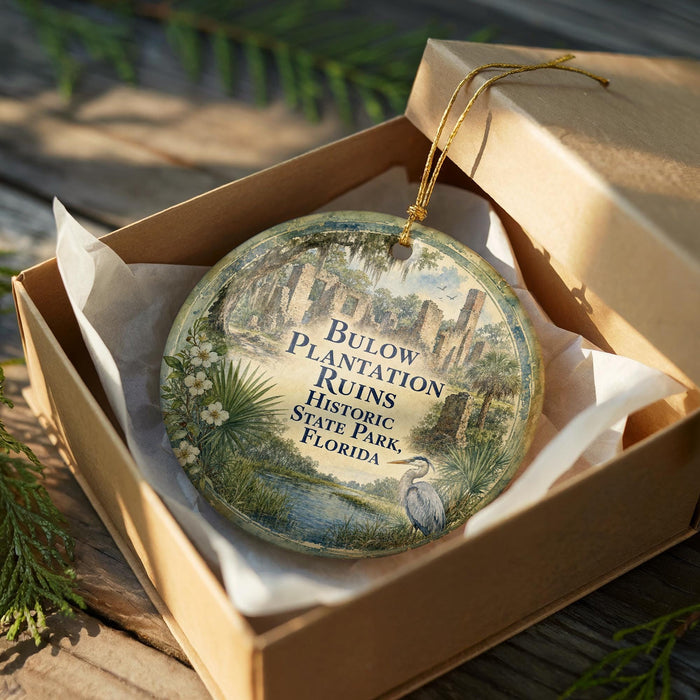 A circular ornament with a painting of a historical site, placed in a cardboard box with a gold string.