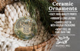 Ceramic ornaments, specifically Bulow Plantation Ruins ornaments, are displayed in a woven basket. The text highlights the ornaments as "cozy, high-quality prints, vibrant and long lasting, shipped fast in with holiday packaging, won't peel or fade over time". The image also includes a scale for the ornaments, indicating that they are approximately 2.8 inches in diameter.