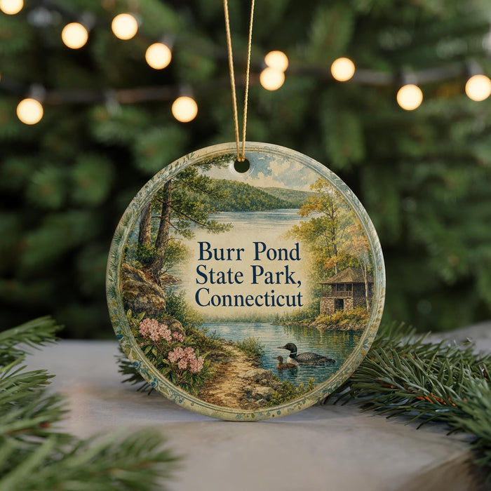 A round ornament with a scenic image of a lake and forest, featuring a bird and a cabin, hangs in front of a blurred background with twinkling lights.