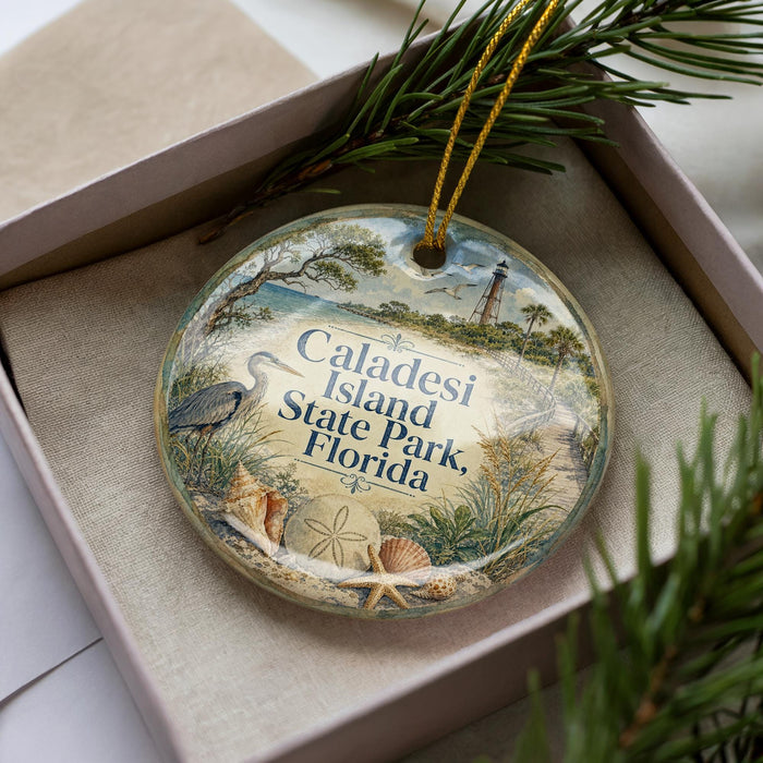 A decorative ornament in a box, featuring a beach scene with palm trees, a lighthouse, and a bird.