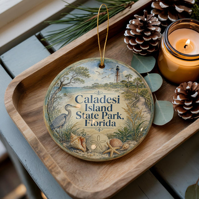 A decorative ornament featuring a seascape with a lighthouse, palm trees, and a bird, placed on a wooden tray alongside pine cones and a lit candle.