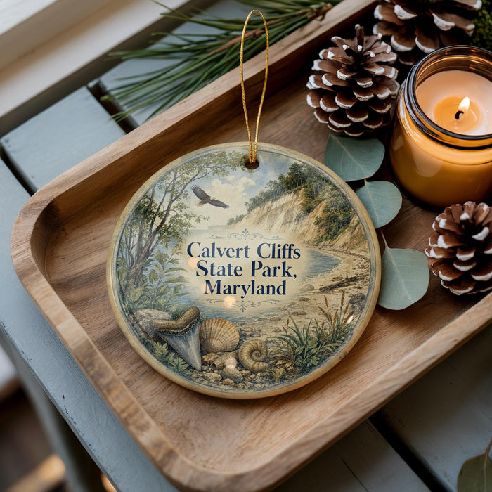A wooden tray with a decorative ornament featuring a scenic landscape of Calvert Cliffs State Park, Maryland, and pine cones.