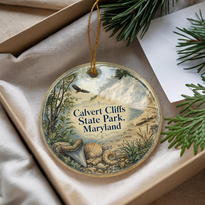 A decorative ornament with a natural scene, including a bird, a fish, and a seashell, is displayed in a box with pine branches.