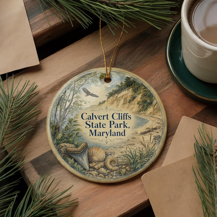 A decorative ornament featuring a scenic landscape of Calvert Cliffs State Park, Maryland, with a bird in flight and a pine tree in the background.
