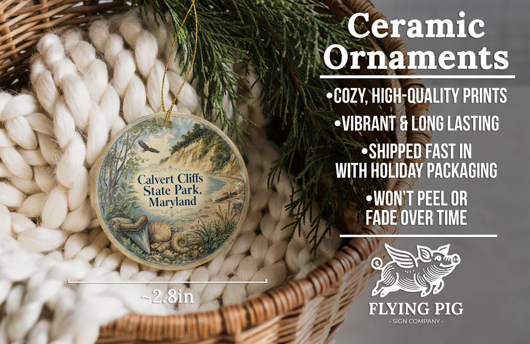 Ceramic ornaments, featuring a detailed image of Calvert Cliffs State Park, Maryland, hanging from a wicker basket.
