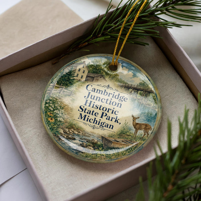 A decorative ornament with a scenic landscape featuring a deer, a bridge, and a river, placed in a box with pine branches.