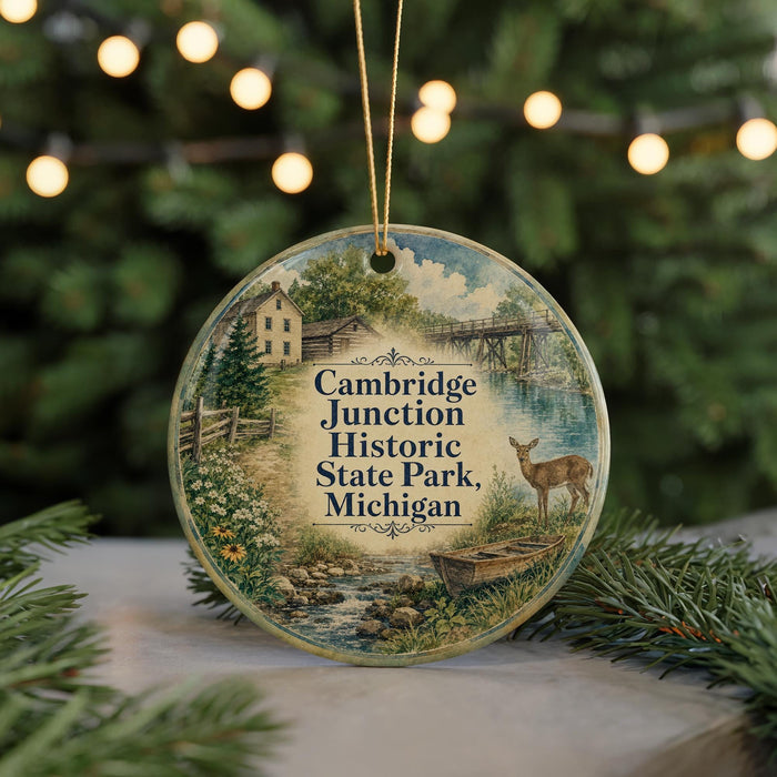 A round ornament with a scenic illustration of a deer, a bridge, and a house, surrounded by greenery and a string of lights.