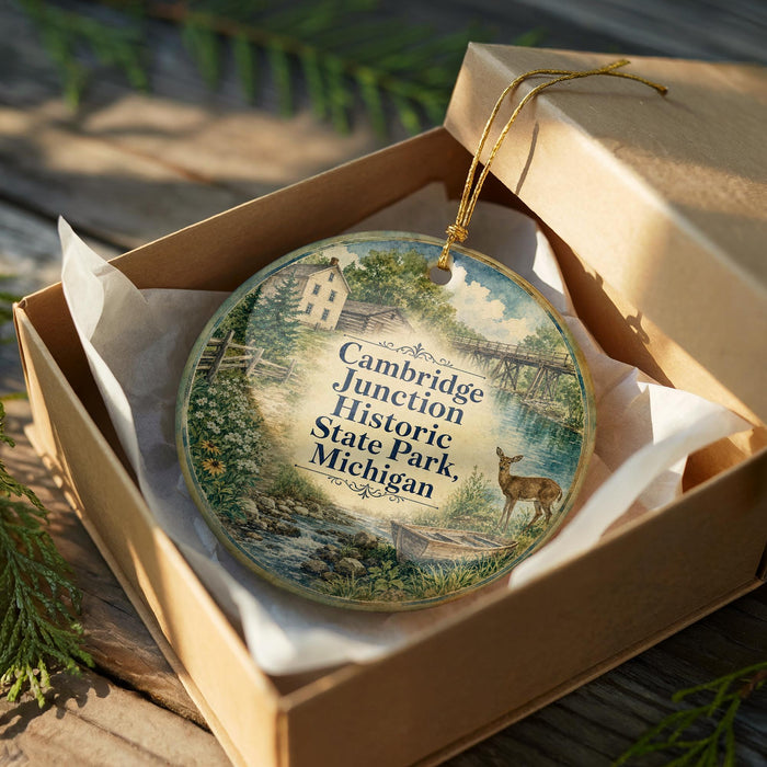 A decorative ornament in a wooden box, featuring a scenic landscape with a bridge and a deer, with text that reads "Cambridge Junction Historic State Park, Michigan".
