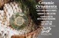 Ceramic ornaments, featuring a detailed illustration of a scenic landscape with a bridge and a deer, are displayed in a woven basket.
