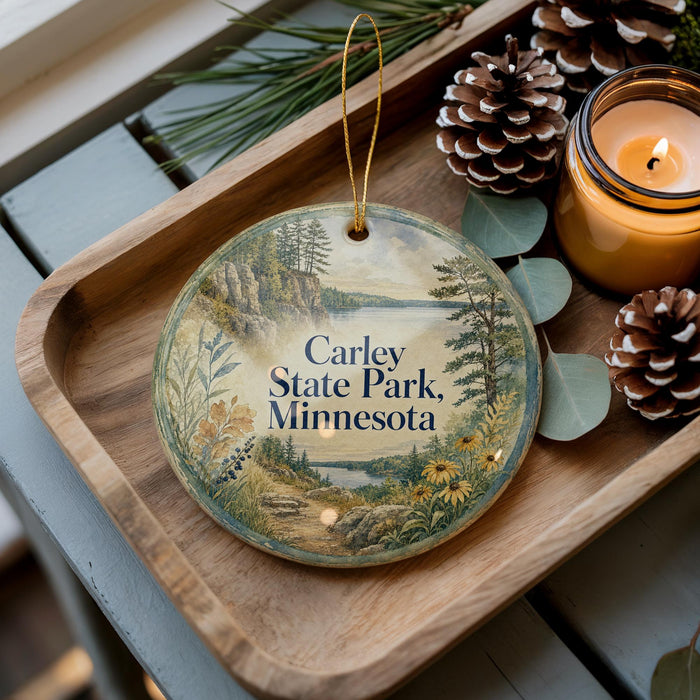 A wooden tray with a decorative ornament featuring a scenic landscape of Carley State Park, Minnesota, and pine cones.