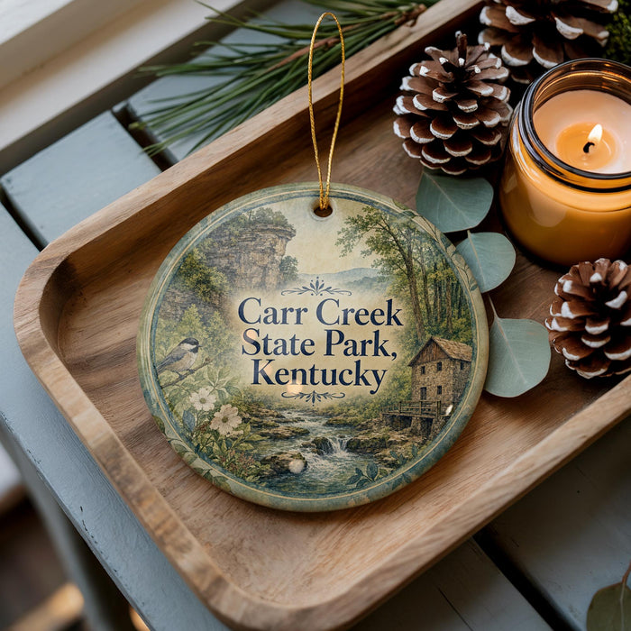 A wooden tray with a decorative ornament featuring a scenic landscape of Carr Creek State Park, Kentucky, and pine cones.
