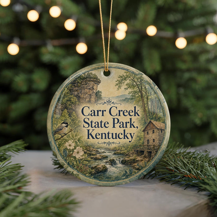 A circular ornament with a scenic image of Carr Creek State Park, Kentucky, featuring a bird, a cabin, and a stream.