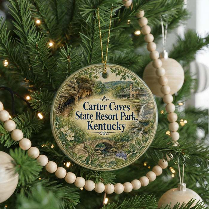 A round ornament hanging on a Christmas tree, featuring a scenic image of the Carter Caves State Resort Park in Kentucky.