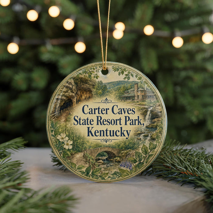 A round ornament with a scenic image of the Carter Caves State Resort Park in Kentucky, featuring a waterfall and a bridge.
