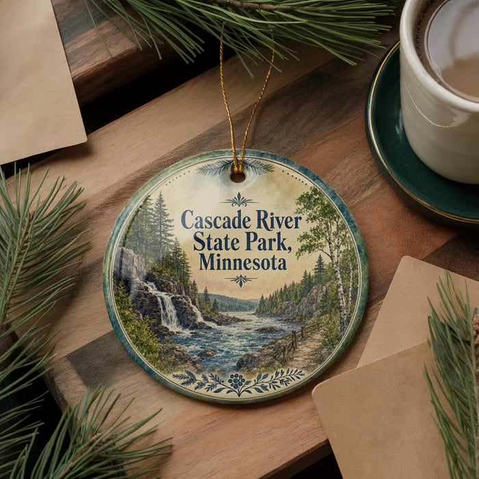 A decorative ornament featuring a scenic image of the Cascade River in Minnesota, with pine trees and a waterfall, is displayed on a wooden surface alongside a cup of coffee and some papers.
