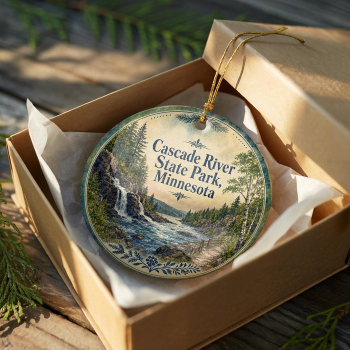 A round ornament in a box, featuring a scenic image of the Cascade River in Minnesota.