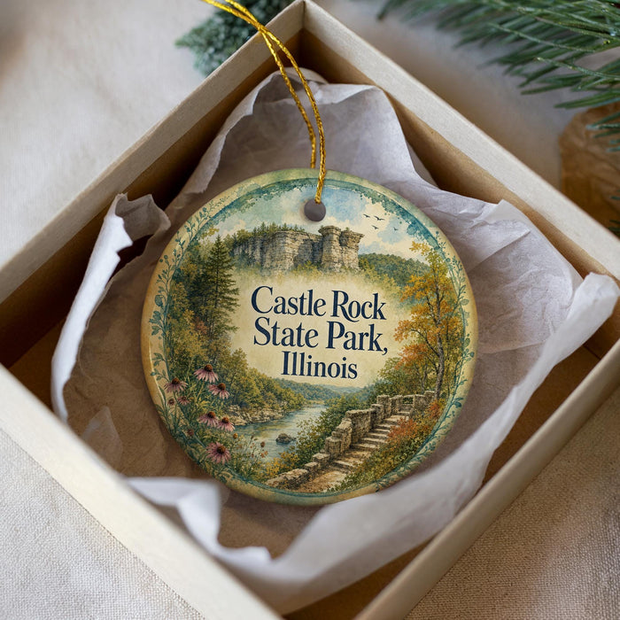 A decorative ornament in a box, featuring a scenic landscape with a castle, trees, and a river.