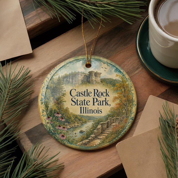 A decorative ornament featuring a scenic landscape with a river, trees, and a castle, hanging on a wooden surface.
