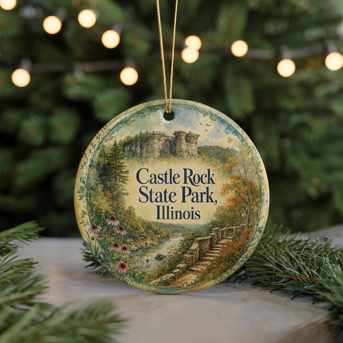 A decorative ornament featuring a scenic landscape with a castle, trees, and a river, hanging from a string.