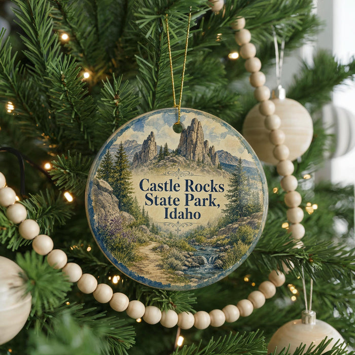 A round ornament hanging on a Christmas tree, featuring a scenic landscape with mountains and a winding path.
