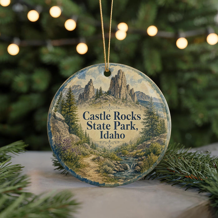 A round ornament with a scenic landscape of Castle Rocks State Park, Idaho, featuring a mountain range and a stream, is displayed on a table with pine branches and twinkling lights in the background.