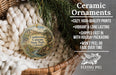 Ceramic ornaments, specifically those featuring Castwood Canyon State Park, Colorado, are displayed in a basket. The text highlights the ornaments as "Cozy, High-quality Prints", "Vibrant & Long Lasting", "Shipped Fast in with Holiday Packaging", and " Won't Peel or Fade Over Time". The image also includes a scale indicating the size of the ornaments, with the text "2.8in" and the logo of "FLYING PIG - SIGN COMPANY".