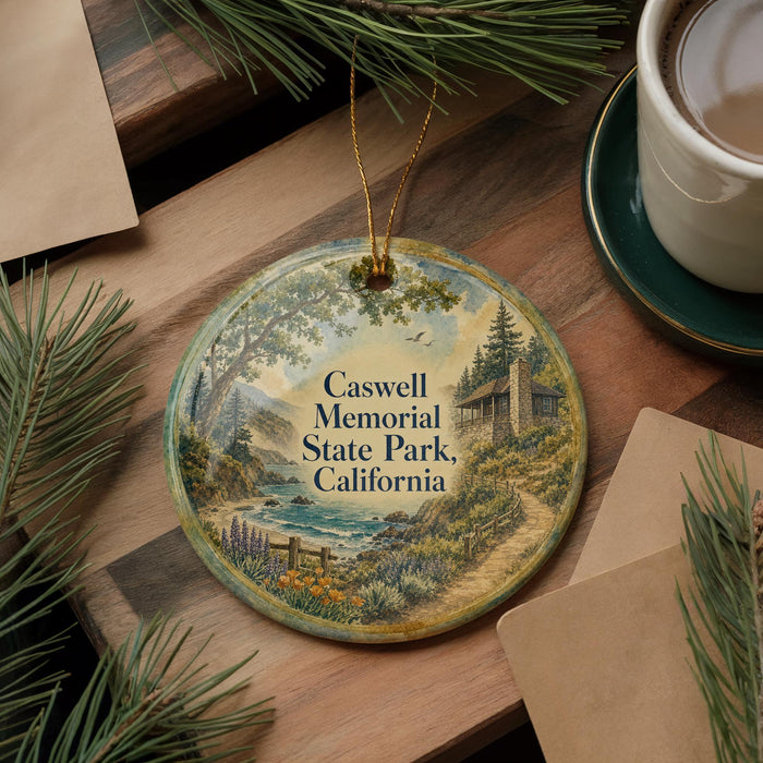 A decorative ornament with a scenic landscape of Caswell Memorial State Park, California, featuring a cabin and a river, is displayed on a wooden surface alongside a cup of coffee and some pine branches.