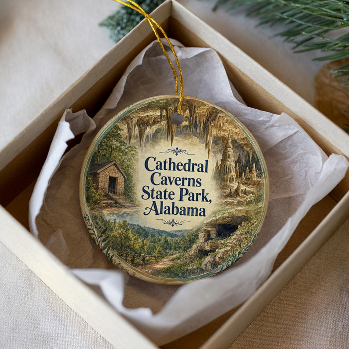 A circular ornament with a scenic image of the Cathedral Caves State Park in Alabama, displayed in a box with a white tissue paper lining.