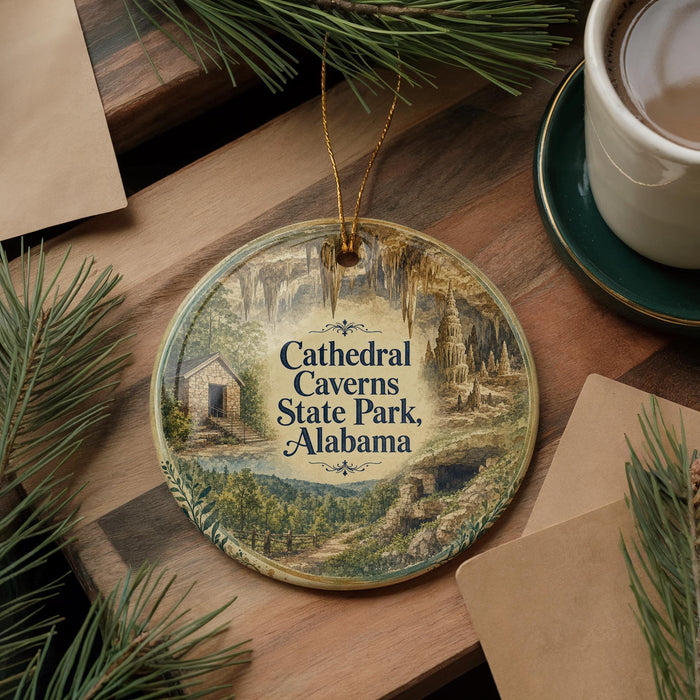 A decorative ornament featuring a scenic image of the Cathedral Caves State Park in Alabama, with pine branches and a cup of coffee nearby.