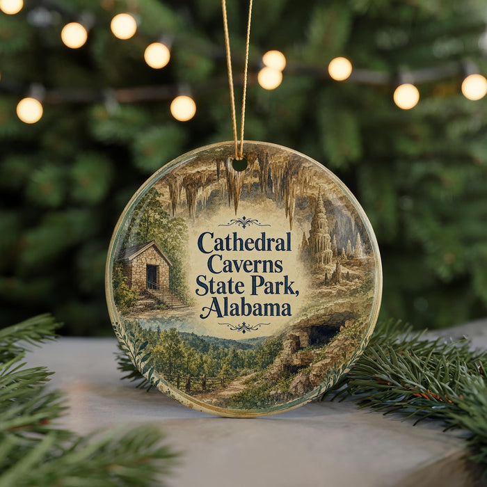A decorative ornament featuring a scenic image of the Cathedral Caves State Park in Alabama, with a Christmas tree in the background.