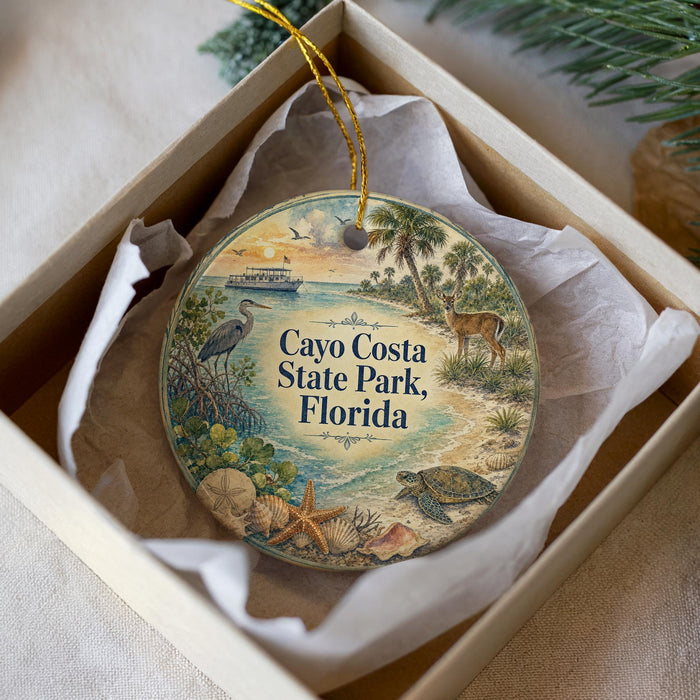 A decorative ornament in a box, featuring a beach scene with a boat, palm trees, and various marine life.