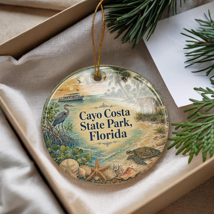A decorative ornament with a beach scene and various sea creatures, including a bird, a boat, and a turtle, is displayed in a box.